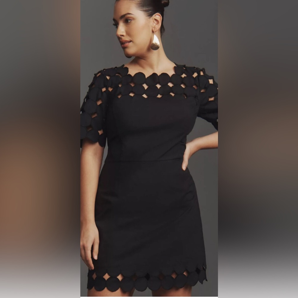 Anthropologie Cutwork Mini Shift Dress in Black Size 6